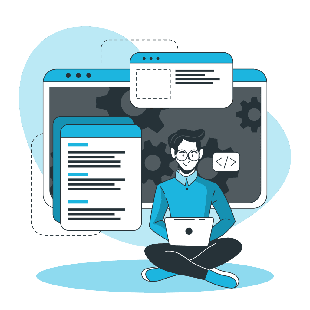 Illustration of a person with a laptop surrounded by coding symbols and web design elements.