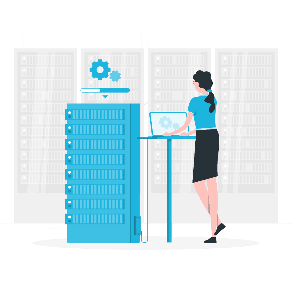 Illustration of a woman working on a laptop in a server room.