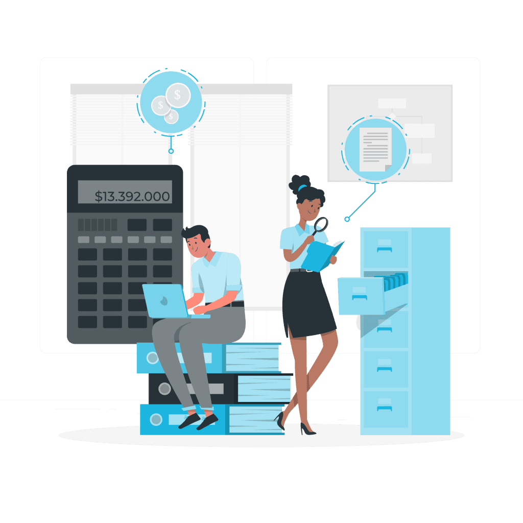 Illustration of two office workers interacting with files and a large calculator in an office setting.