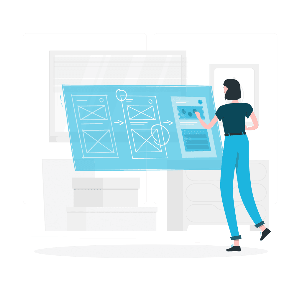 Illustration of a woman designing website wireframes on a large touch screen.