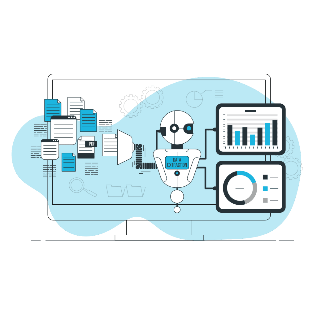 Illustration of a robot performing data extraction from documents, showing results on connected graphs and charts.